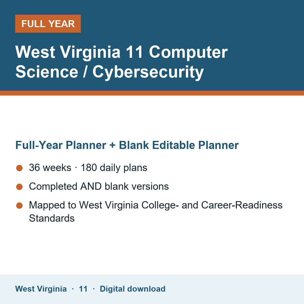 Cover of the West Virginia Grade 11 Computer Science / Cybersecurity full-year teacher planner