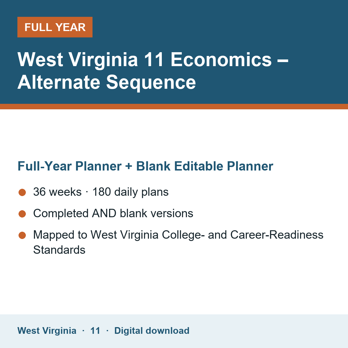 Cover of the West Virginia Grade 11 Economics – Alternate Sequence full-year teacher planner