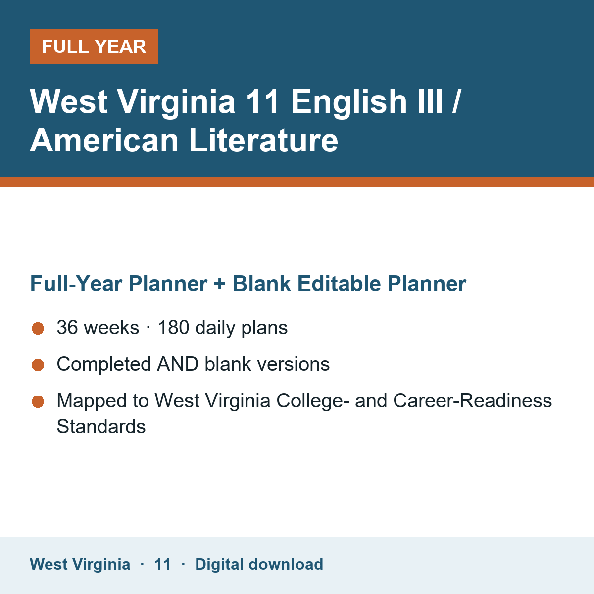 Cover of the West Virginia Grade 11 English III / American Literature full-year teacher planner