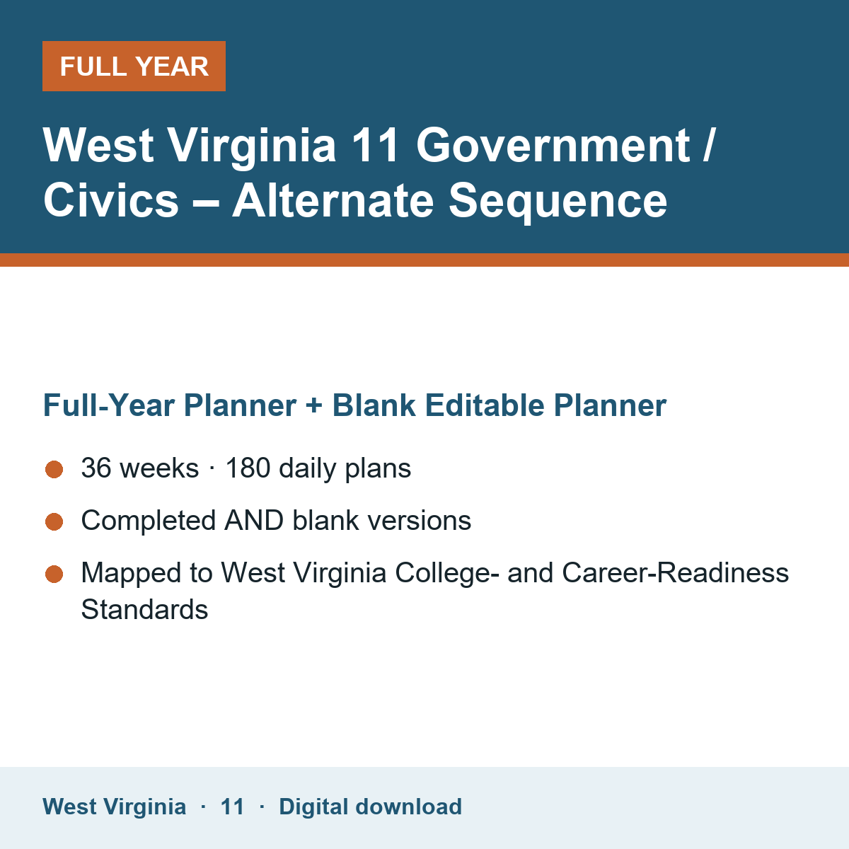 Cover of the West Virginia Grade 11 Government / Civics – Alternate Sequence full-year teacher planner