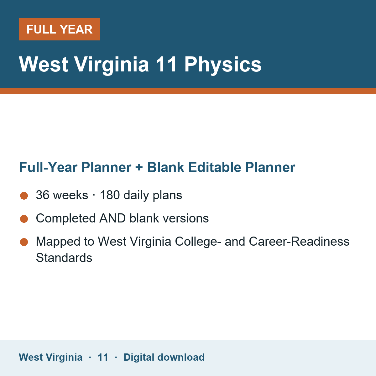 Cover of the West Virginia Grade 11 Physics full-year teacher planner