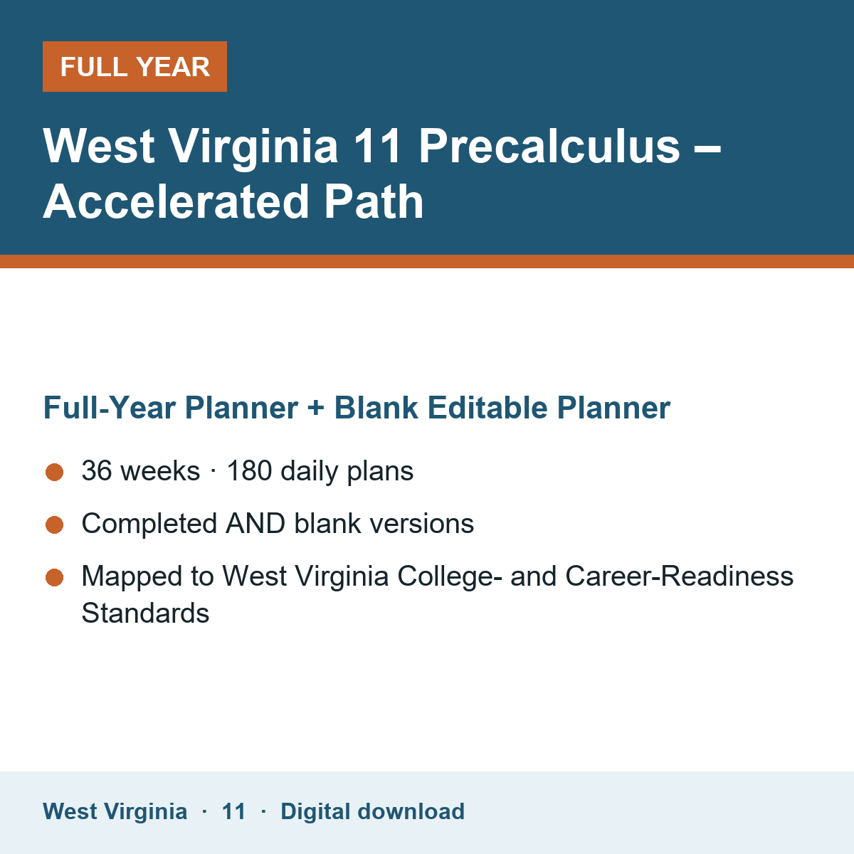 Cover of the West Virginia Grade 11 Precalculus – Accelerated Path full-year teacher planner