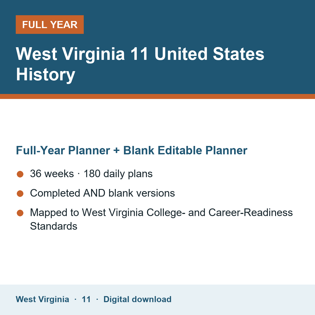 Cover of the West Virginia Grade 11 United States History full-year teacher planner