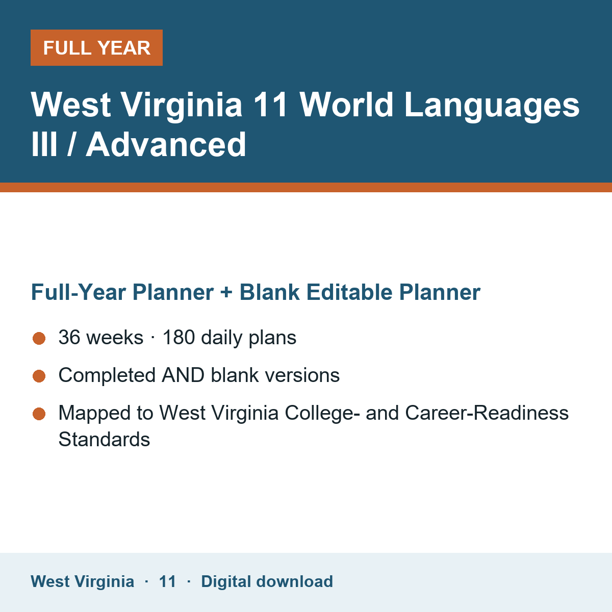 Cover of the West Virginia Grade 11 World Languages III / Advanced full-year teacher planner