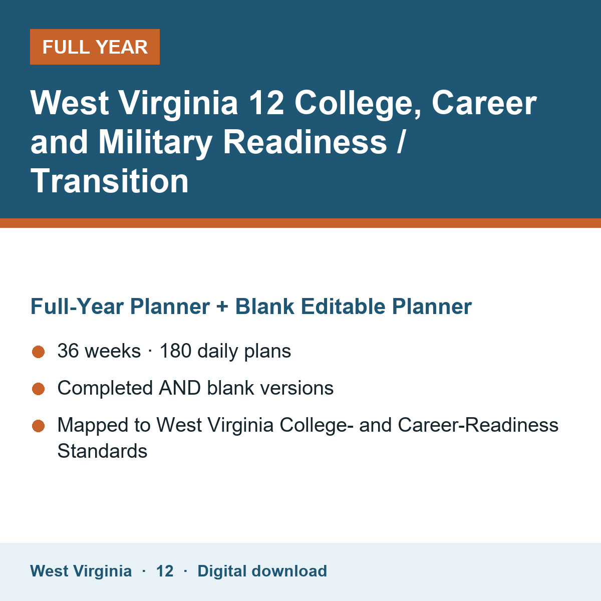 Cover of the West Virginia Grade 12 College, Career and Military Readiness / Transition full-year teacher planner