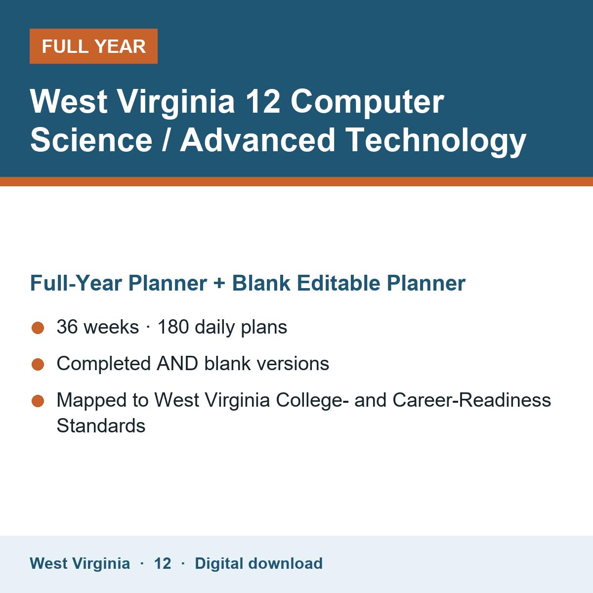 Cover of the West Virginia Grade 12 Computer Science / Advanced Technology full-year teacher planner