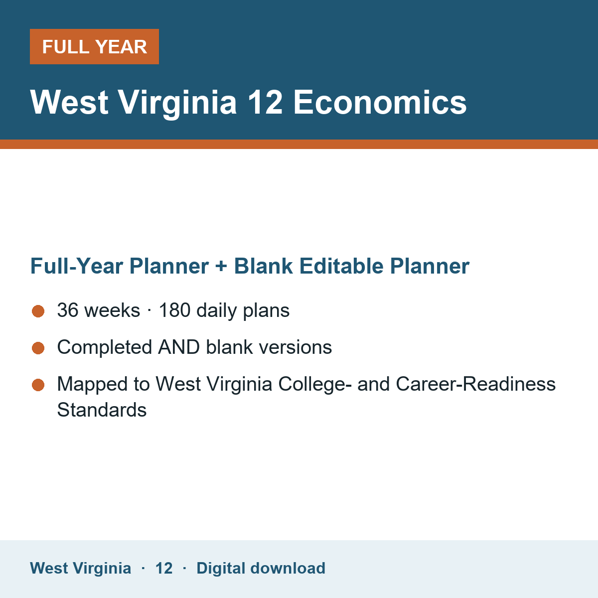 Cover of the West Virginia Grade 12 Economics full-year teacher planner