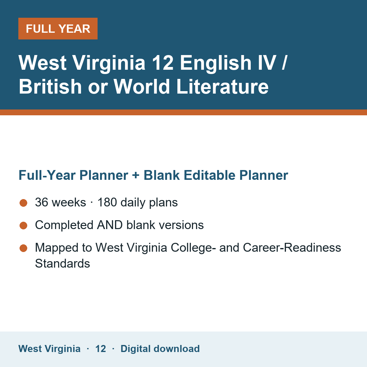 Cover of the West Virginia Grade 12 English IV / British or World Literature full-year teacher planner