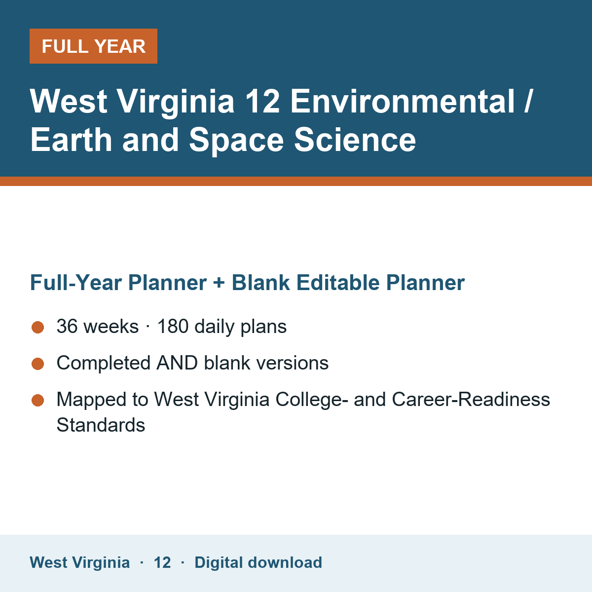 Cover of the West Virginia Grade 12 Environmental / Earth and Space Science full-year teacher planner