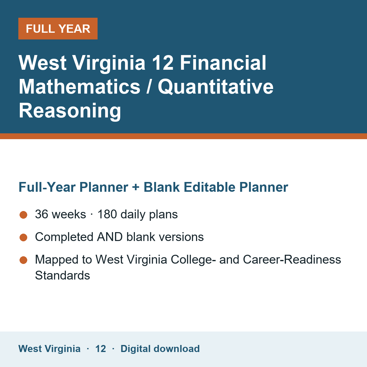 Cover of the West Virginia Grade 12 Financial Mathematics / Quantitative Reasoning full-year teacher planner