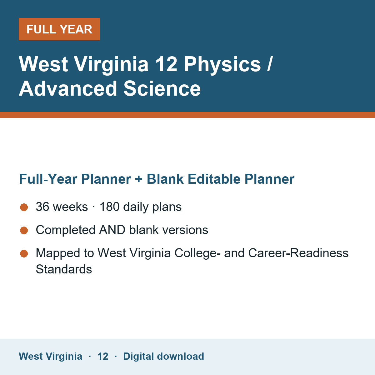 Cover of the West Virginia Grade 12 Physics / Advanced Science full-year teacher planner