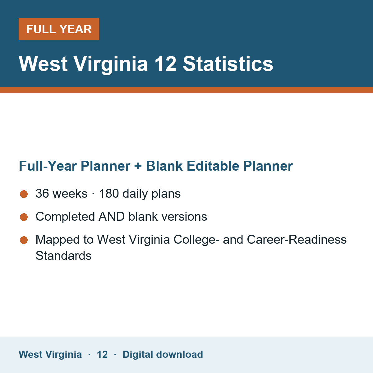 Cover of the West Virginia Grade 12 Statistics full-year teacher planner