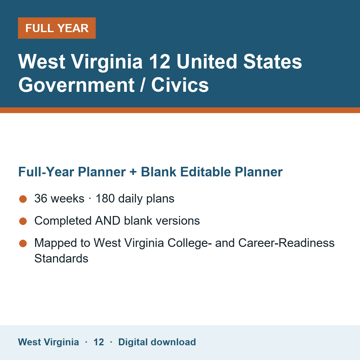Cover of the West Virginia Grade 12 United States Government / Civics full-year teacher planner