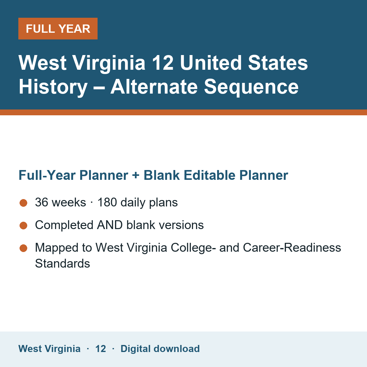 Cover of the West Virginia Grade 12 United States History – Alternate Sequence full-year teacher planner