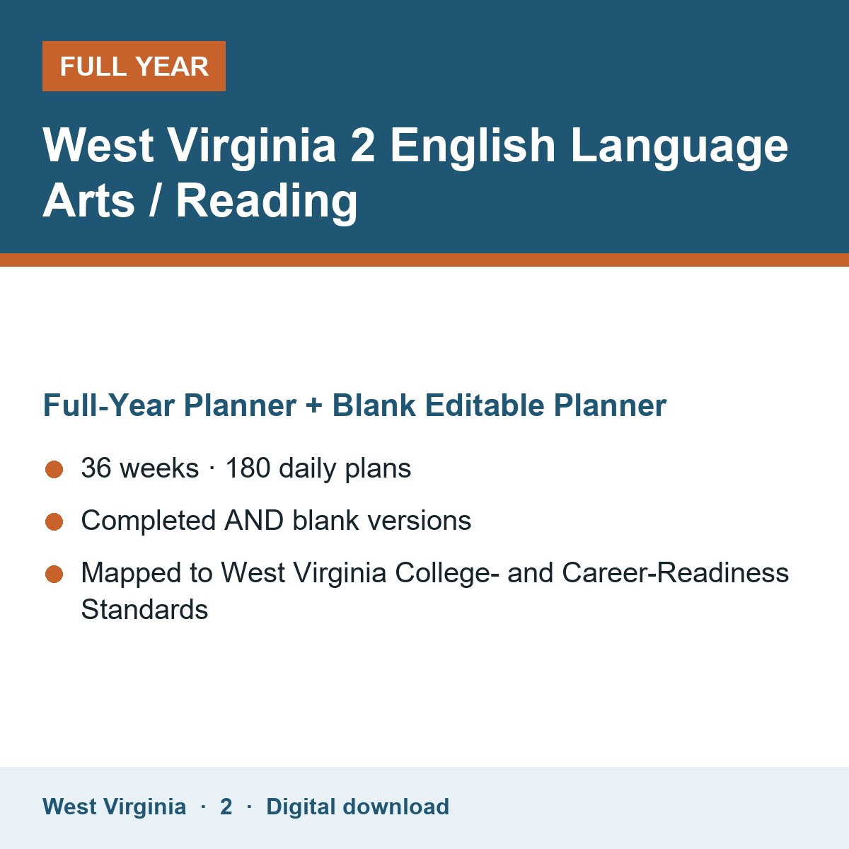Cover of the West Virginia Grade 2 English Language Arts / Reading full-year teacher planner