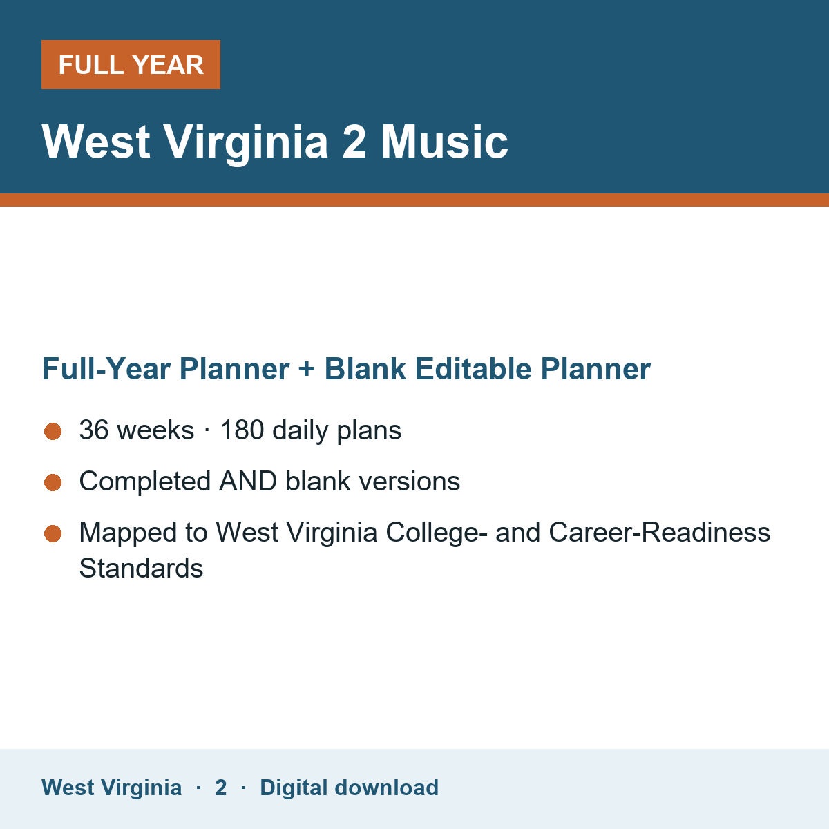 Cover of the West Virginia Grade 2 Music full-year teacher planner