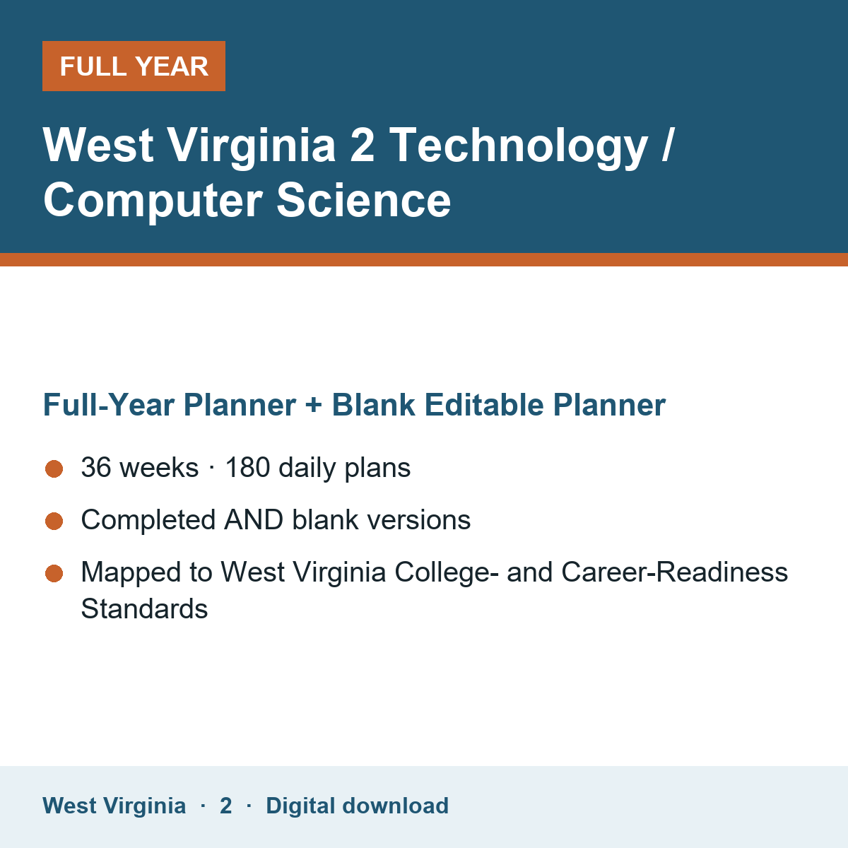 Cover of the West Virginia Grade 2 Technology / Computer Science full-year teacher planner