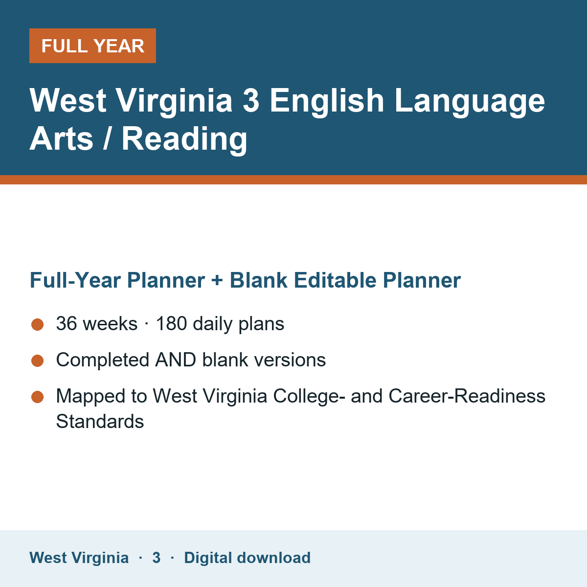 Cover of the West Virginia Grade 3 English Language Arts / Reading full-year teacher planner