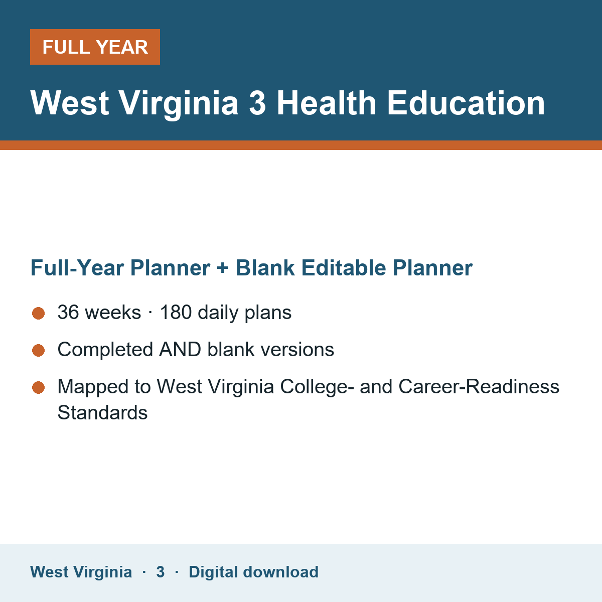 Cover of the West Virginia Grade 3 Health Education full-year teacher planner