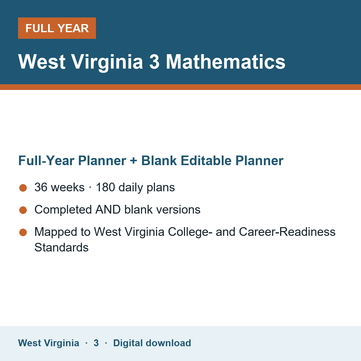 Cover of the West Virginia Grade 3 Mathematics full-year teacher planner