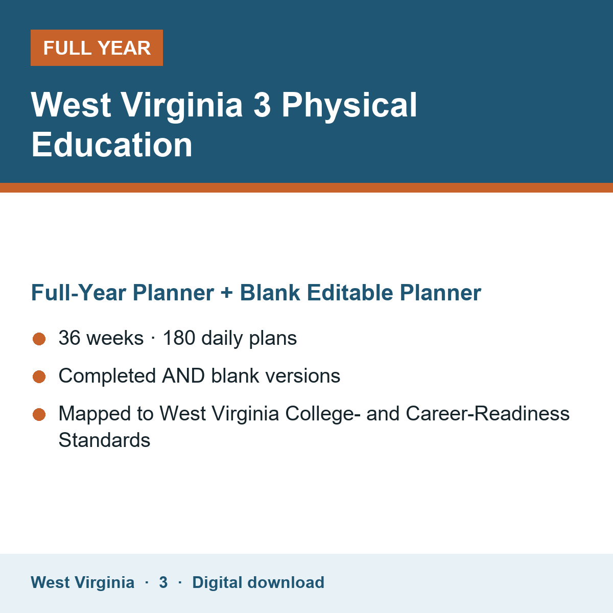 Cover of the West Virginia Grade 3 Physical Education full-year teacher planner