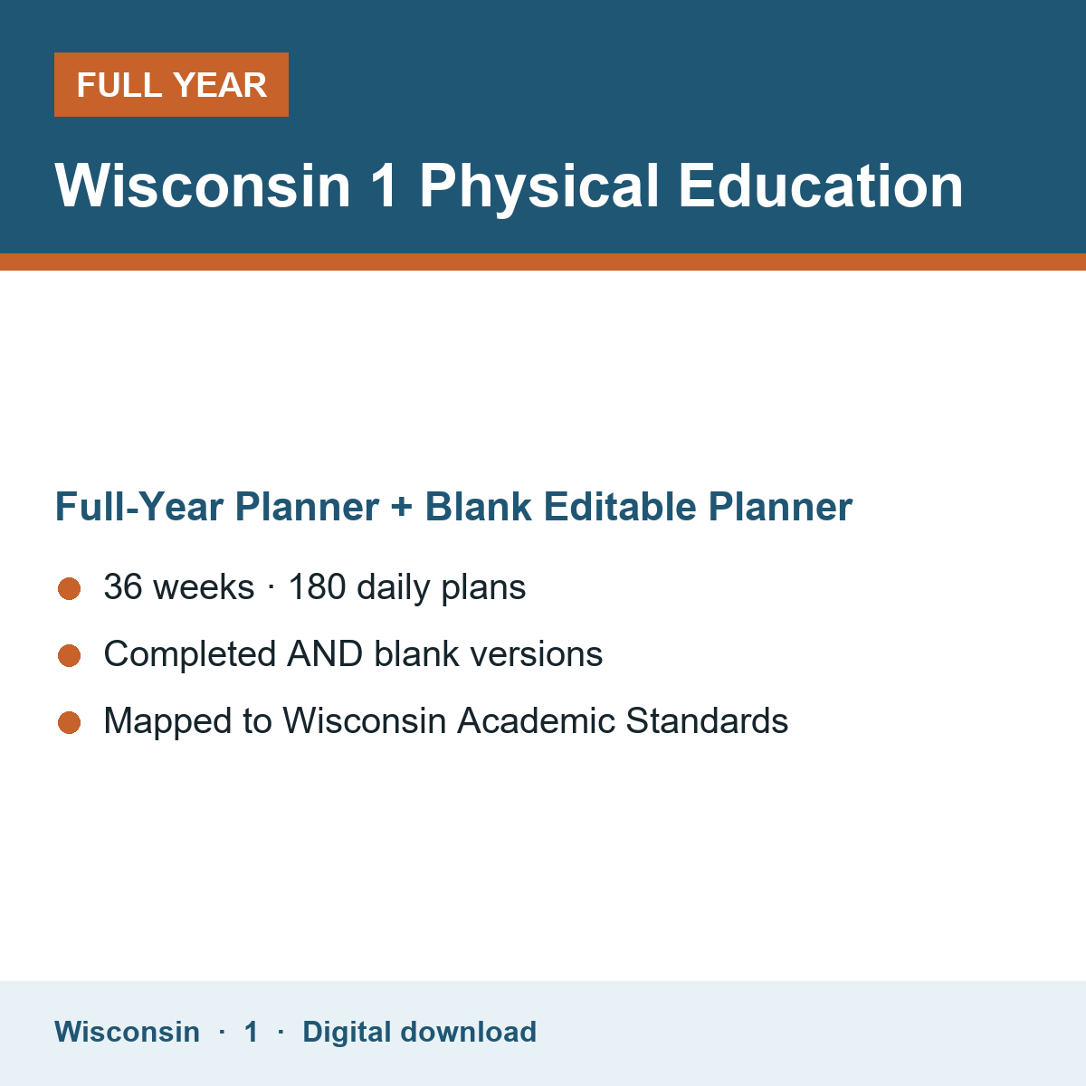 Cover of the Wisconsin Grade 1 Physical Education full-year teacher planner