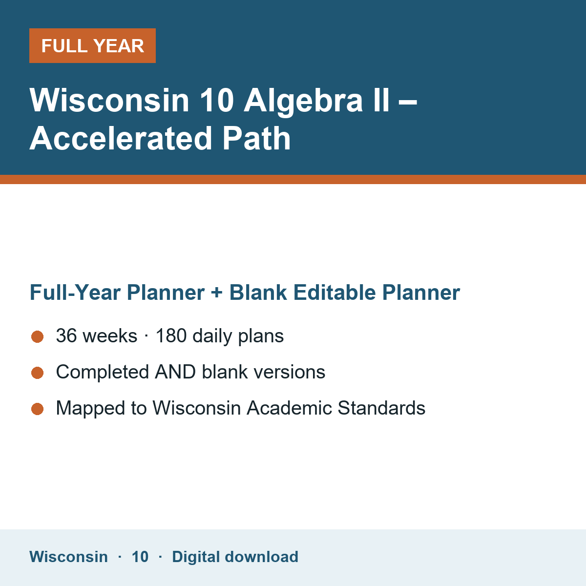 Cover of the Wisconsin Grade 10 Algebra II – Accelerated Path full-year teacher planner
