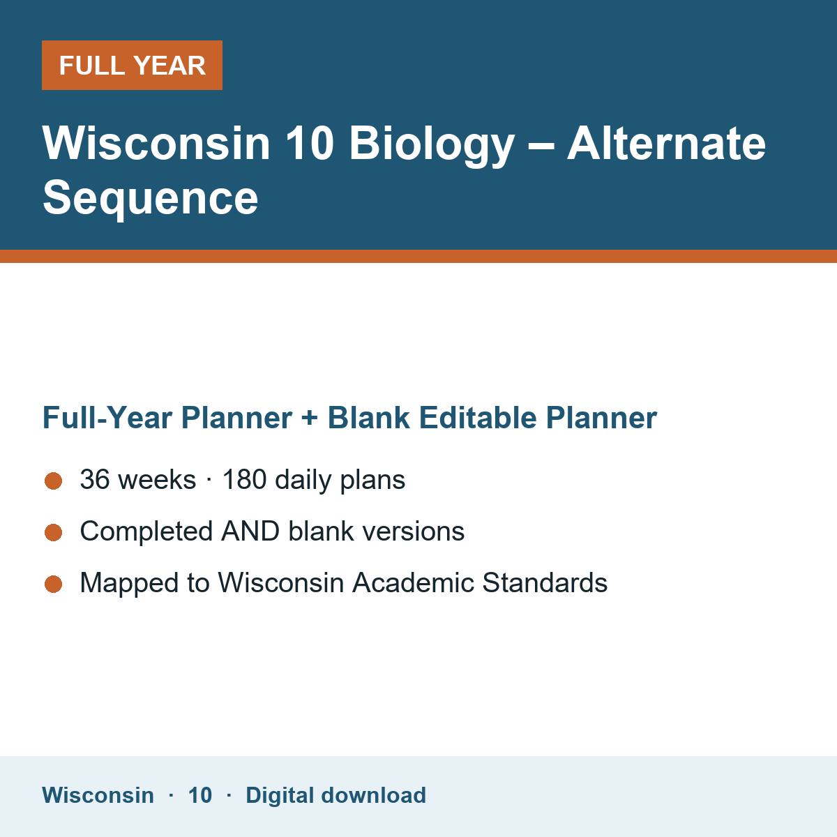 Cover of the Wisconsin Grade 10 Biology – Alternate Sequence full-year teacher planner