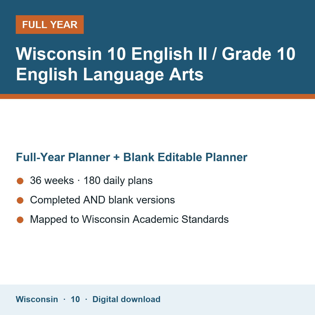 Cover of the Wisconsin Grade 10 English II / Grade 10 English Language Arts full-year teacher planner