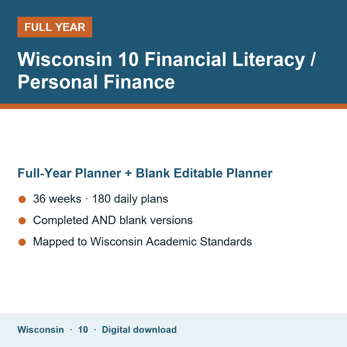 Cover of the Wisconsin Grade 10 Financial Literacy / Personal Finance full-year teacher planner