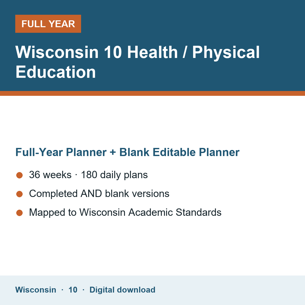 Cover of the Wisconsin Grade 10 Health / Physical Education full-year teacher planner