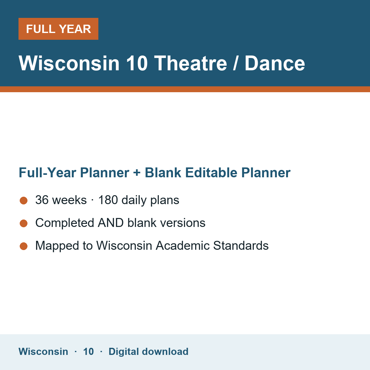 Cover of the Wisconsin Grade 10 Theatre / Dance full-year teacher planner