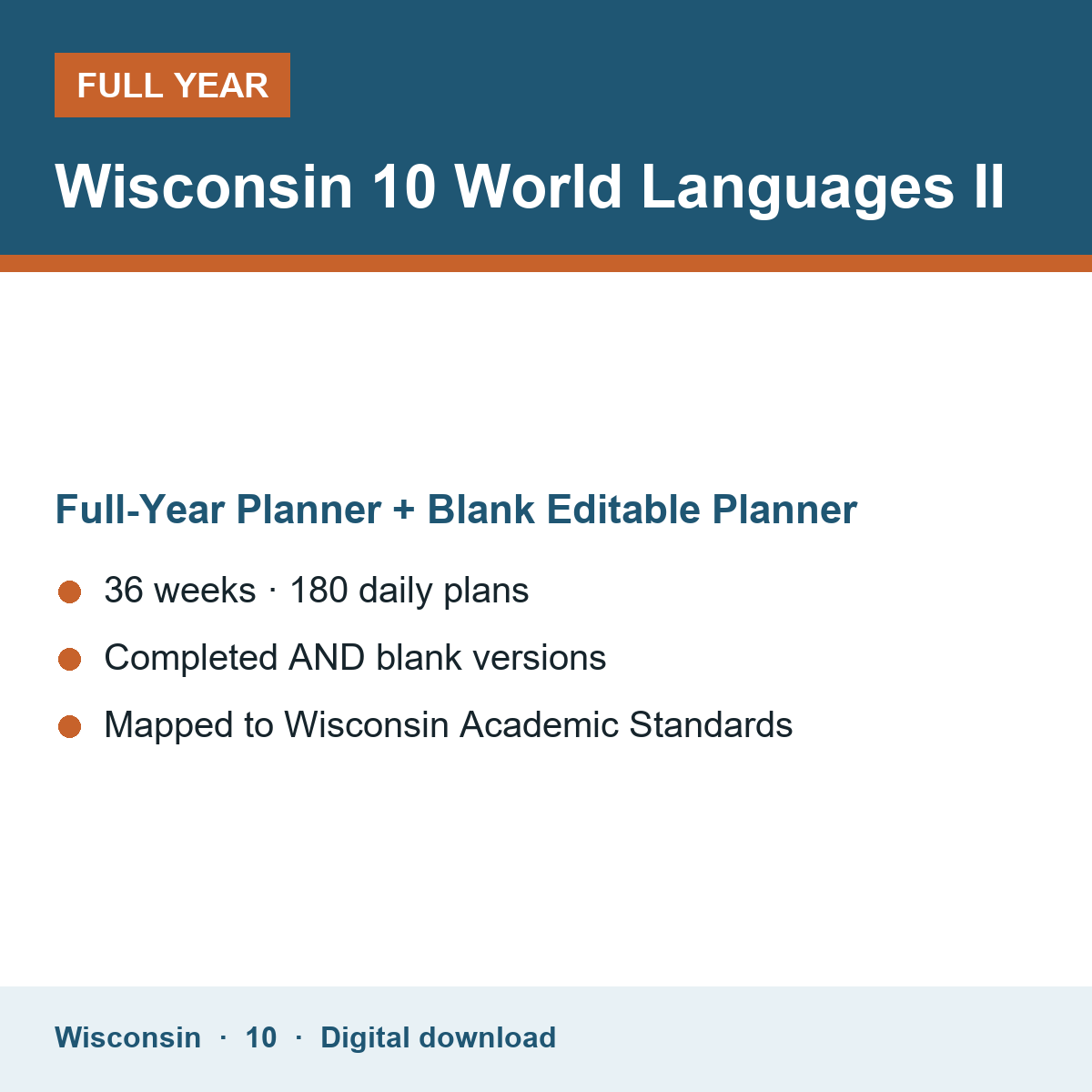 Cover of the Wisconsin Grade 10 World Languages II full-year teacher planner