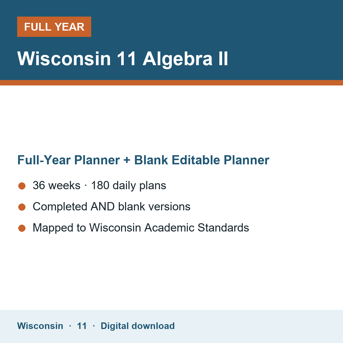 Cover of the Wisconsin Grade 11 Algebra II full-year teacher planner