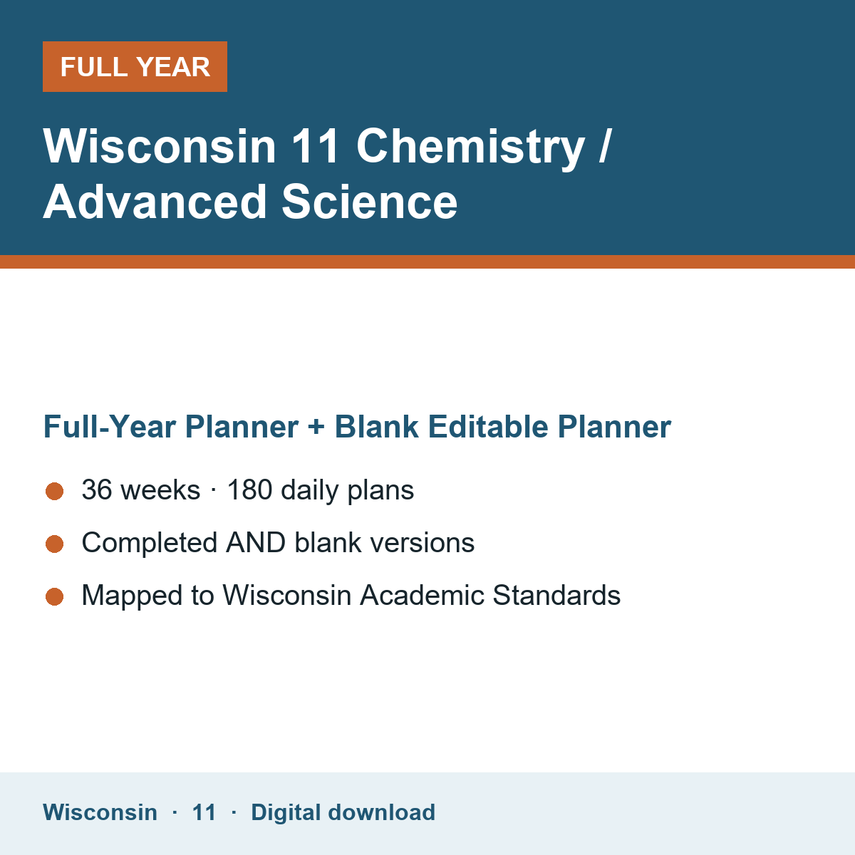 Cover of the Wisconsin Grade 11 Chemistry / Advanced Science full-year teacher planner