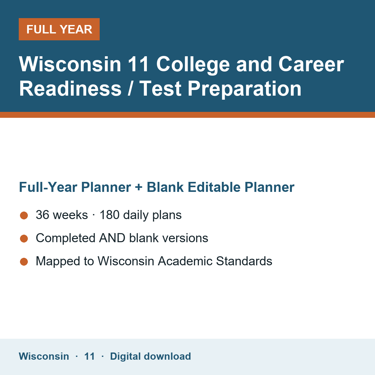Cover of the Wisconsin Grade 11 College and Career Readiness / Test Preparation full-year teacher planner