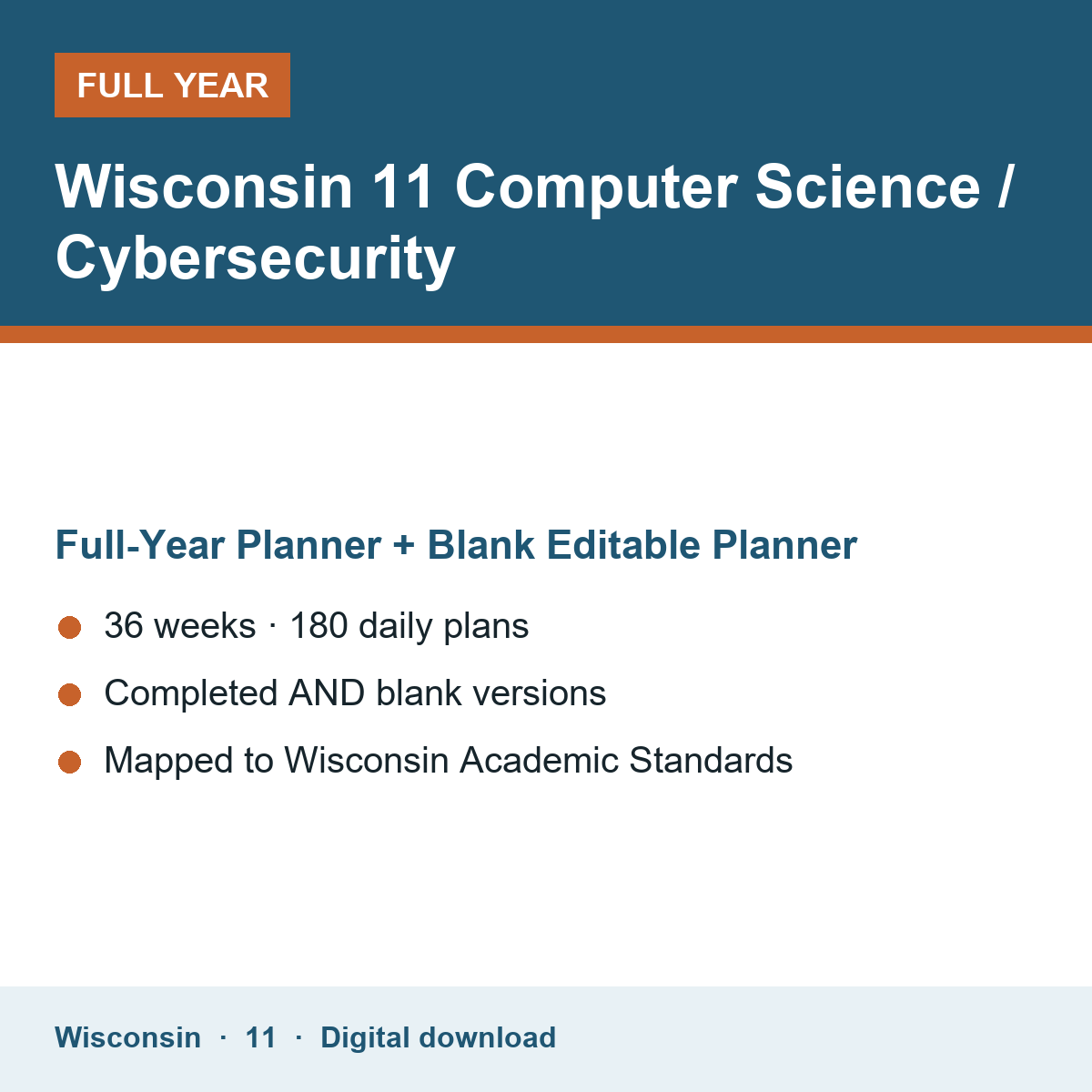 Cover of the Wisconsin Grade 11 Computer Science / Cybersecurity full-year teacher planner