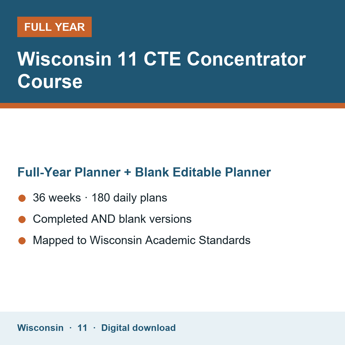 Cover of the Wisconsin Grade 11 CTE Concentrator Course full-year teacher planner