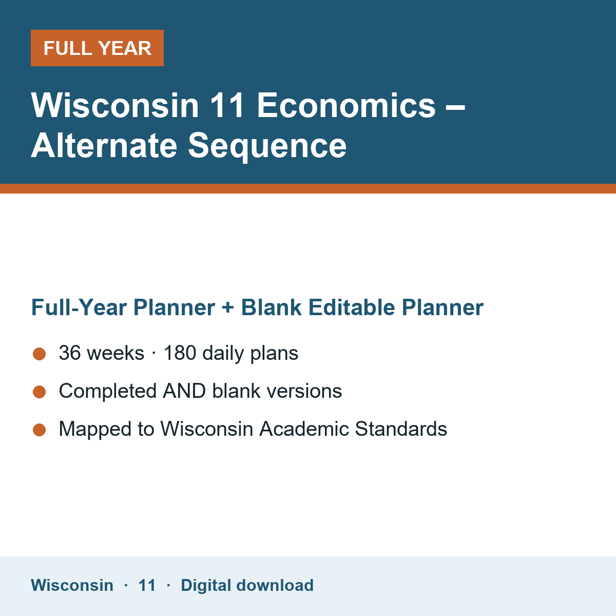 Cover of the Wisconsin Grade 11 Economics – Alternate Sequence full-year teacher planner