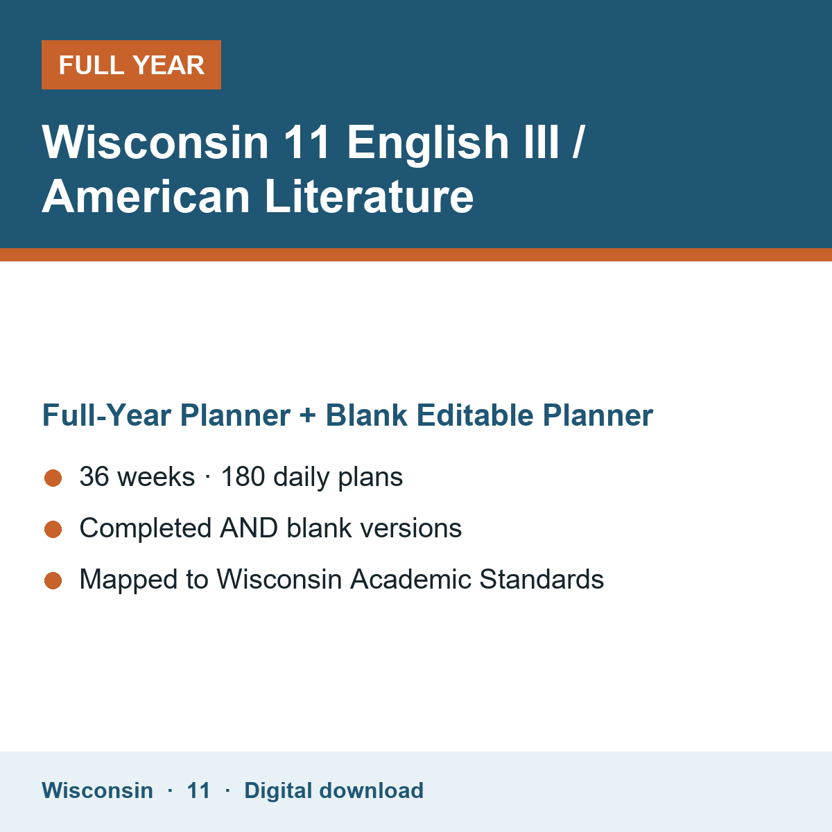 Cover of the Wisconsin Grade 11 English III / American Literature full-year teacher planner