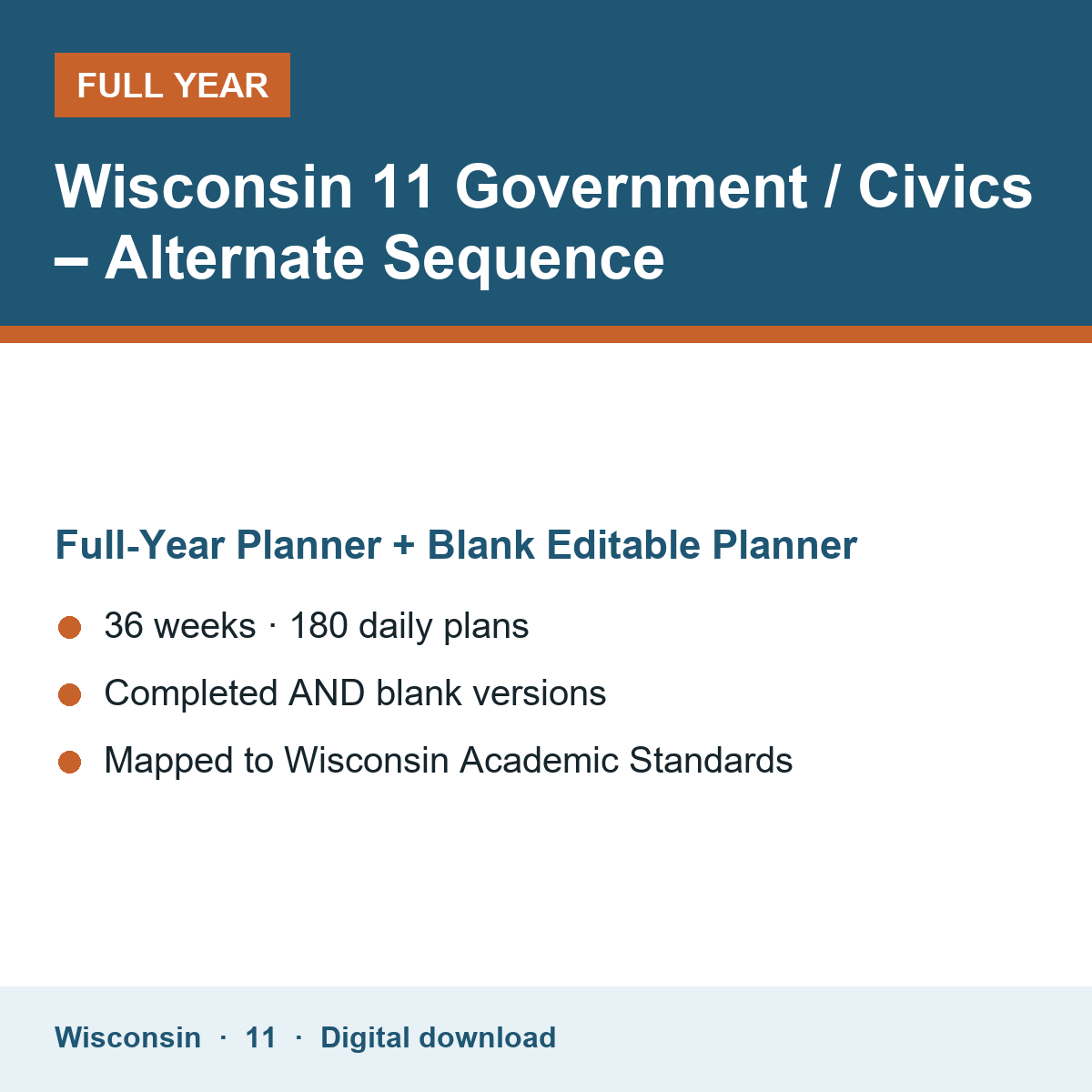 Cover of the Wisconsin Grade 11 Government / Civics – Alternate Sequence full-year teacher planner