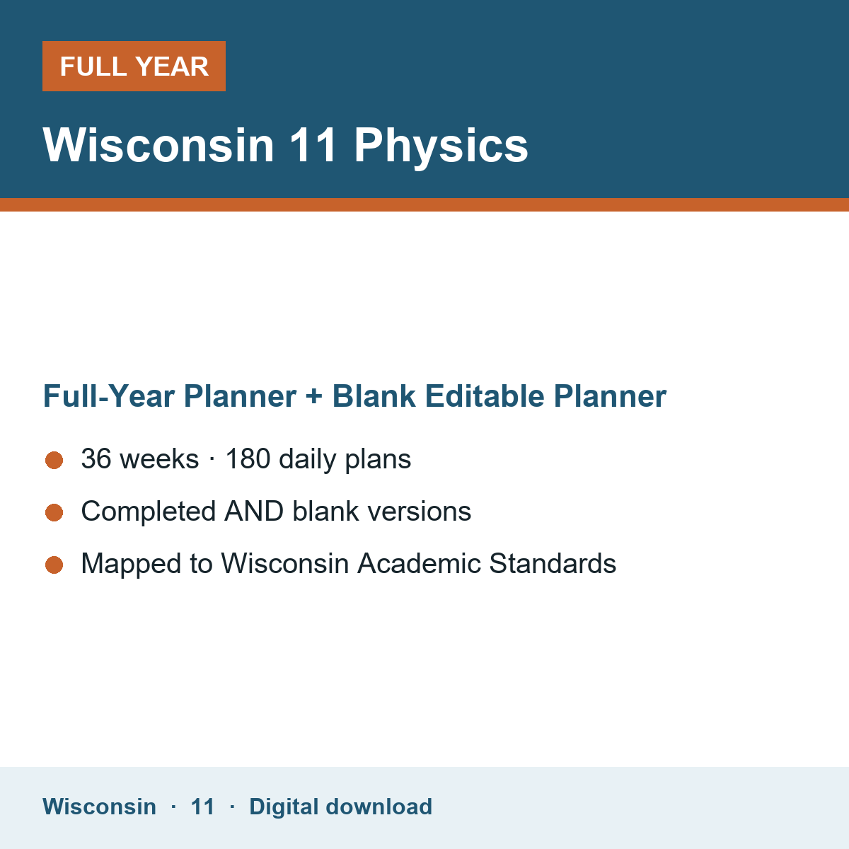 Cover of the Wisconsin Grade 11 Physics full-year teacher planner