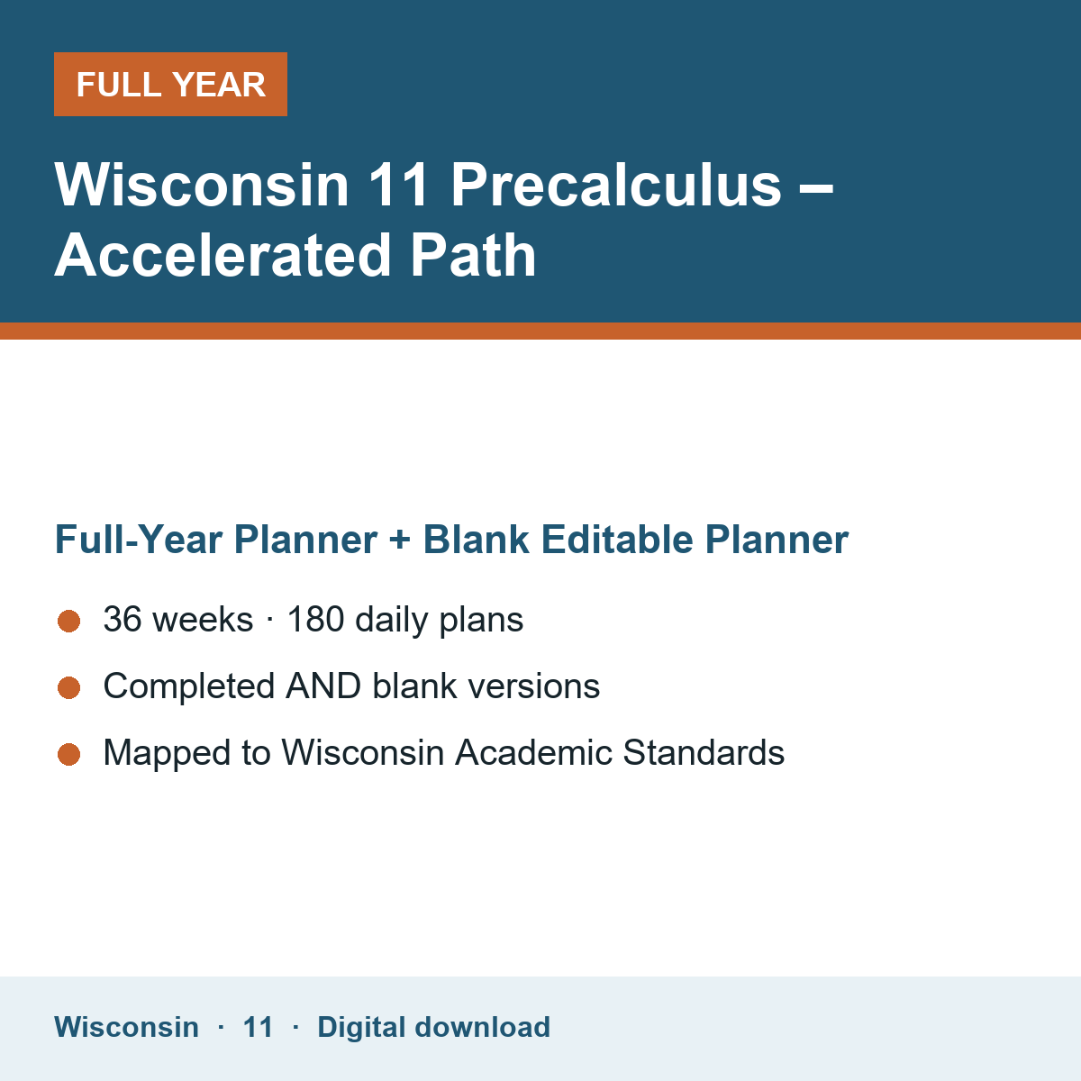 Cover of the Wisconsin Grade 11 Precalculus – Accelerated Path full-year teacher planner