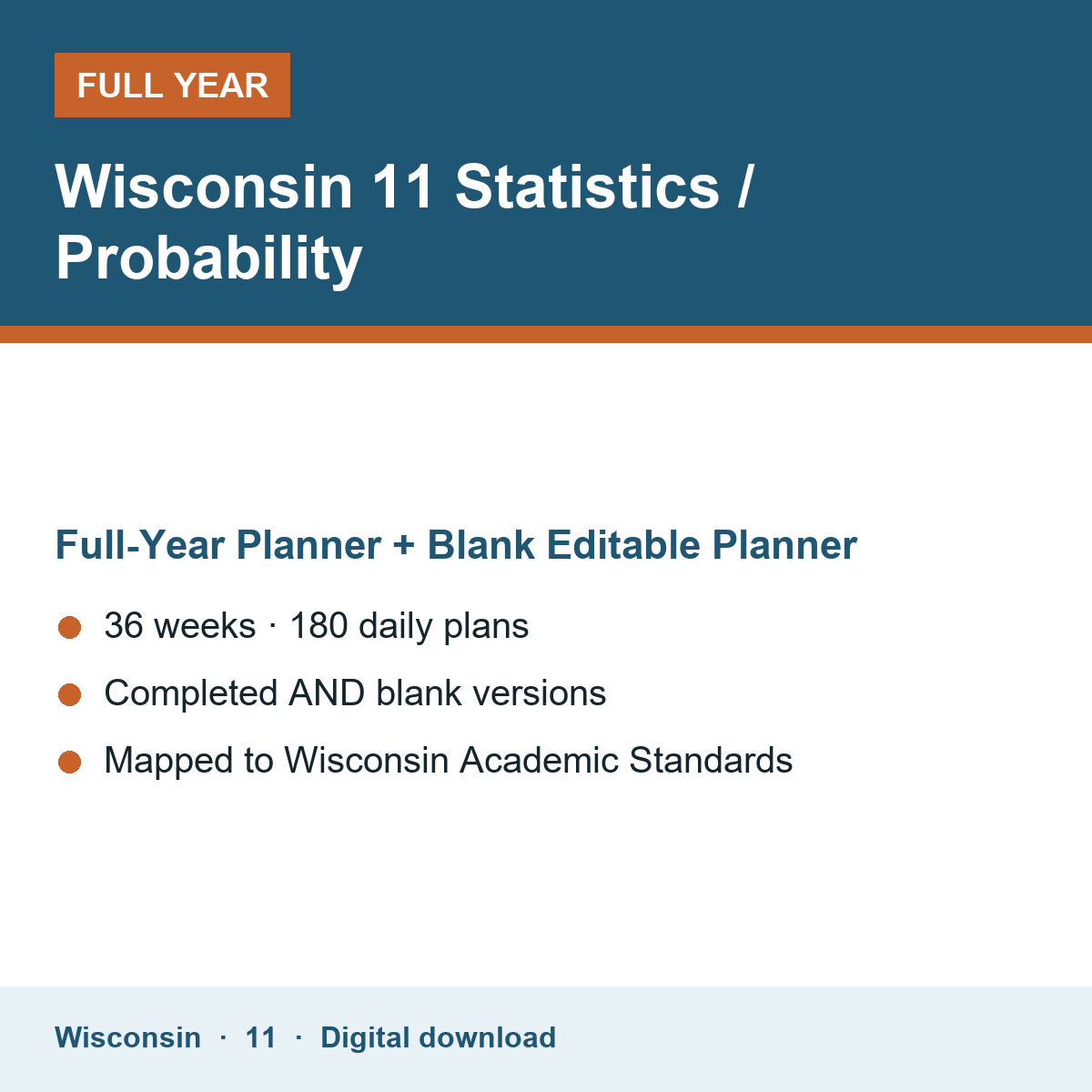 Cover of the Wisconsin Grade 11 Statistics / Probability full-year teacher planner