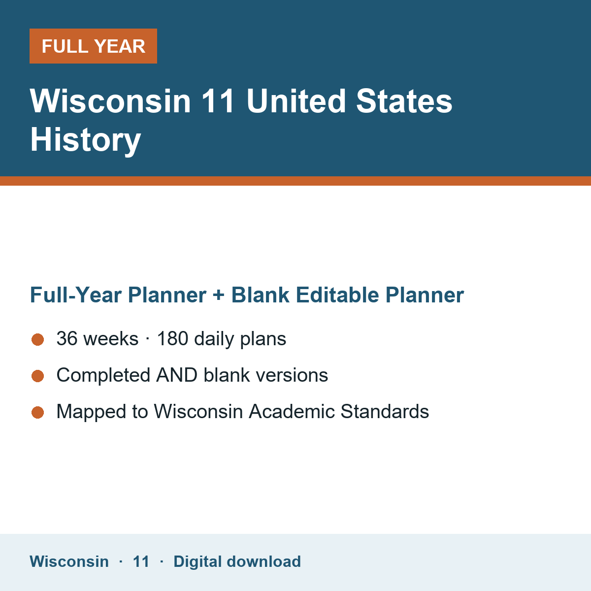 Cover of the Wisconsin Grade 11 United States History full-year teacher planner