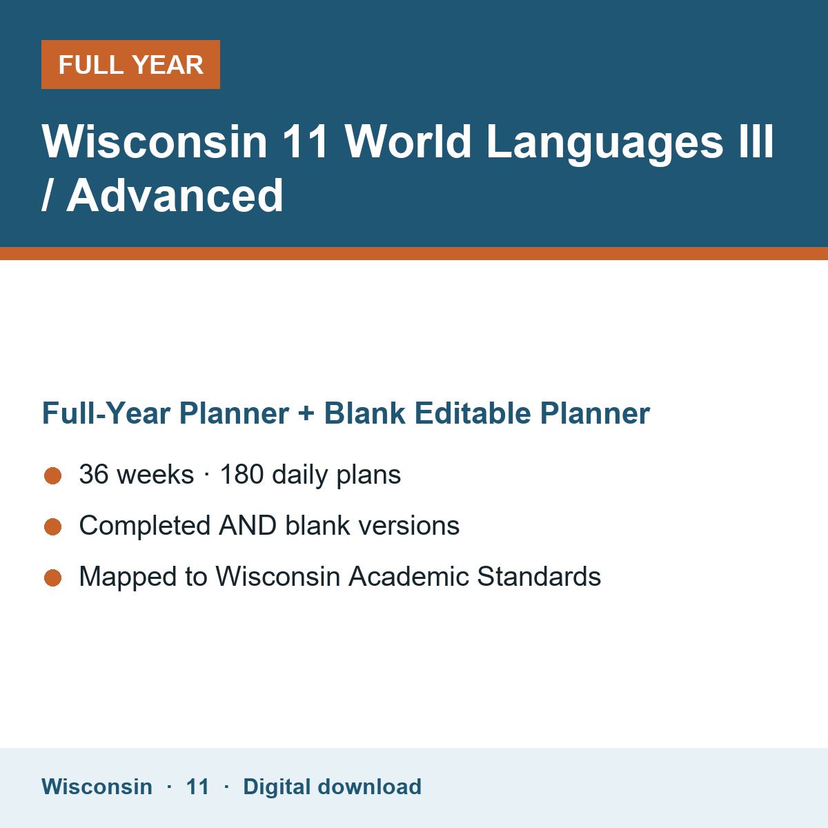 Cover of the Wisconsin Grade 11 World Languages III / Advanced full-year teacher planner