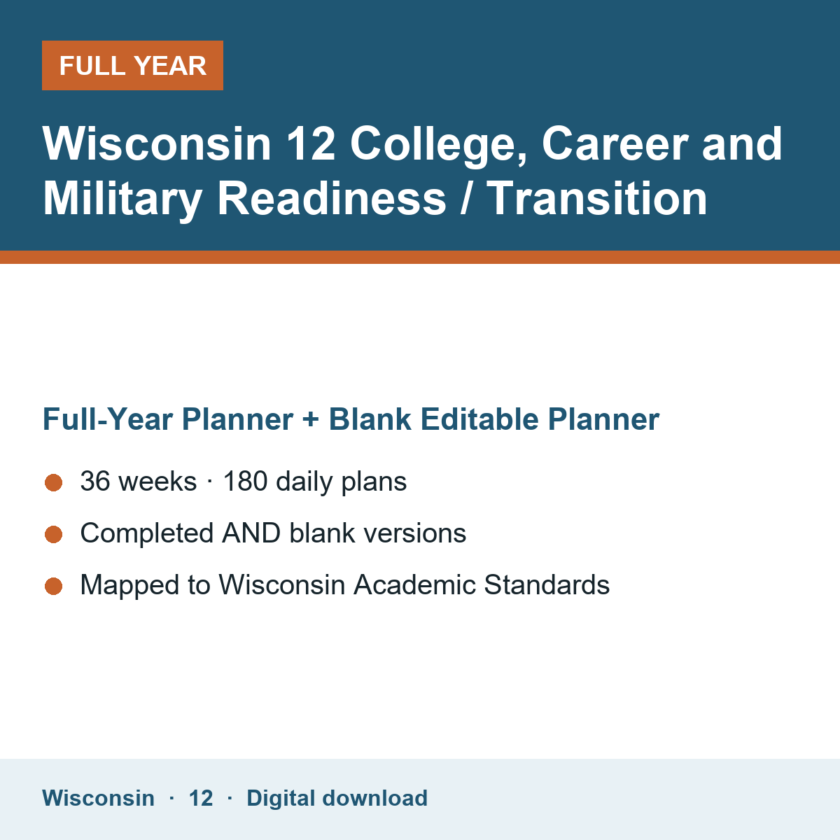Cover of the Wisconsin Grade 12 College, Career and Military Readiness / Transition full-year teacher planner