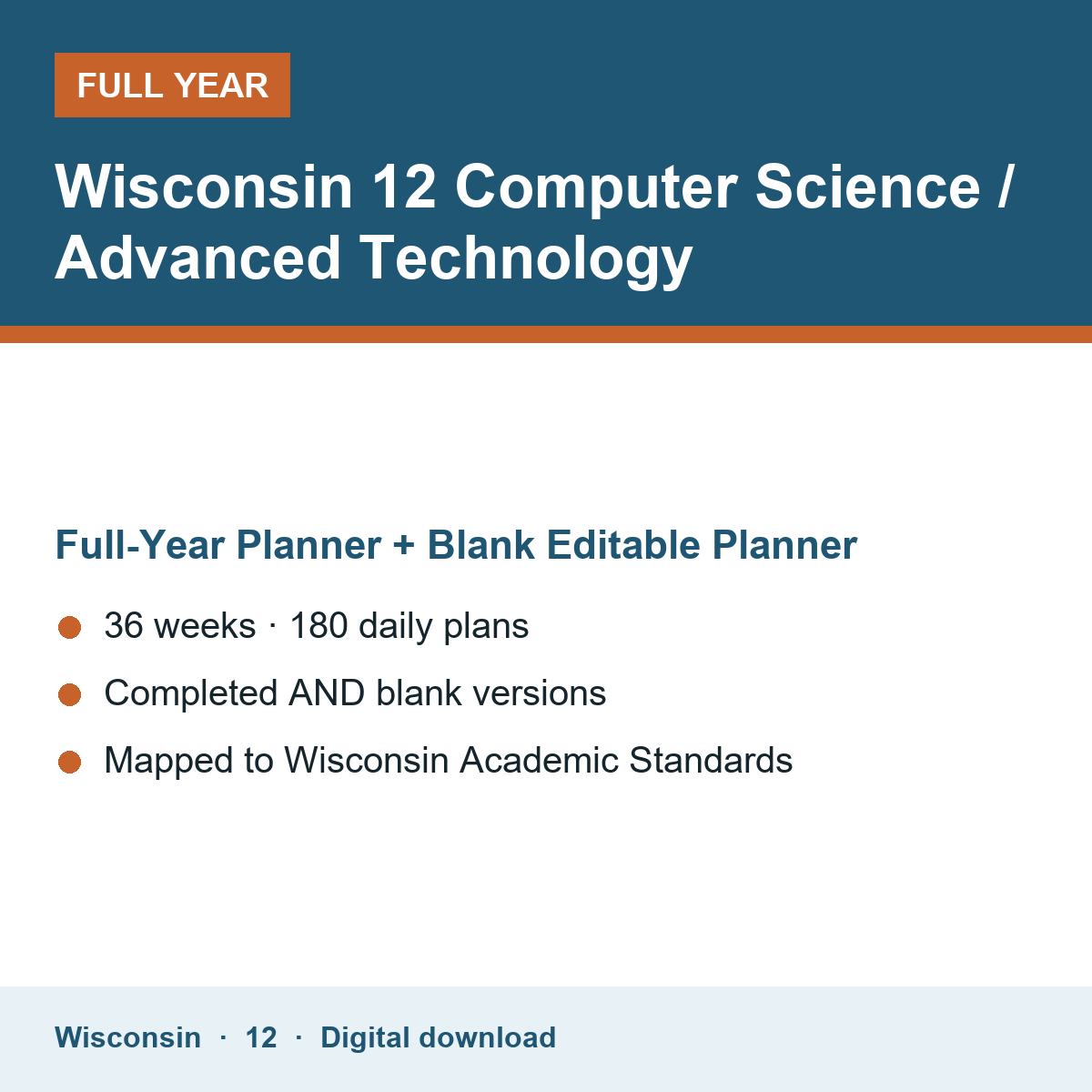 Cover of the Wisconsin Grade 12 Computer Science / Advanced Technology full-year teacher planner