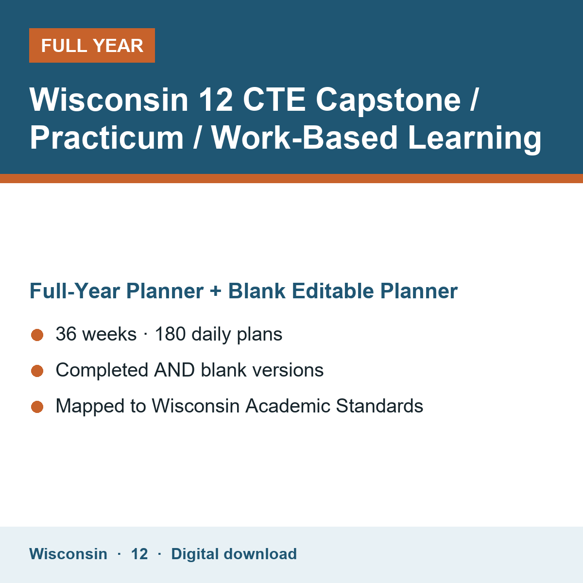 Cover of the Wisconsin Grade 12 CTE Capstone / Practicum / Work-Based Learning full-year teacher planner