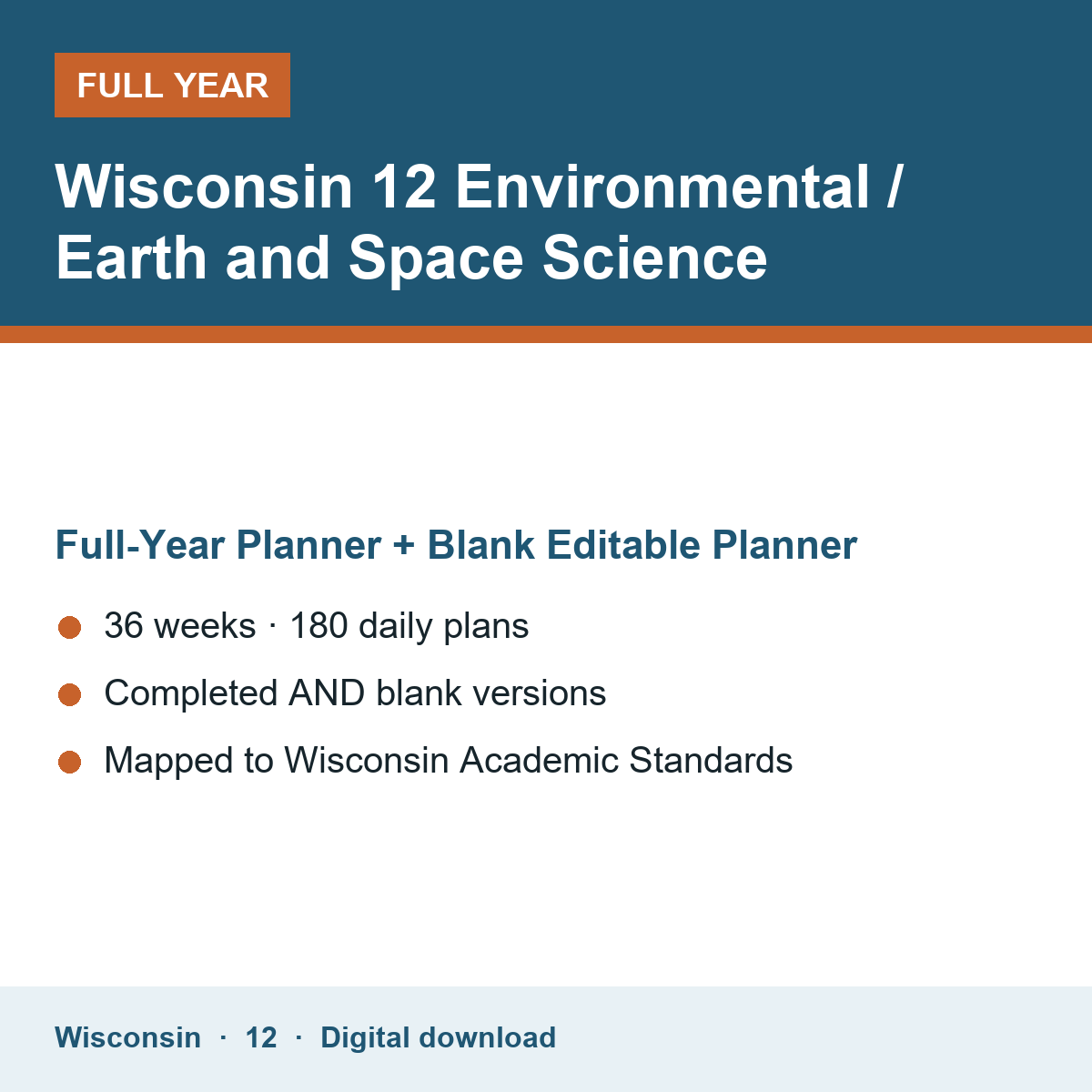 Cover of the Wisconsin Grade 12 Environmental / Earth and Space Science full-year teacher planner